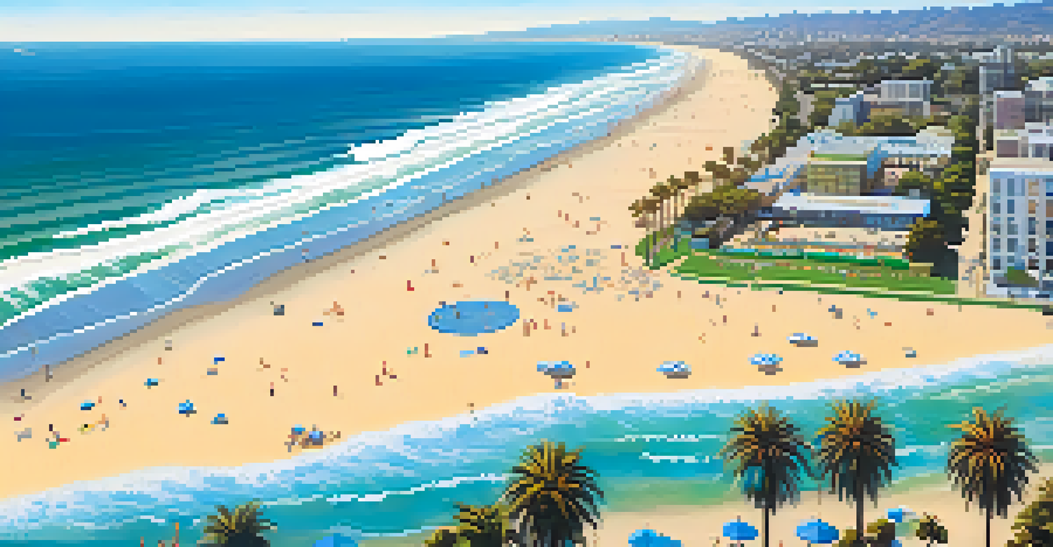 Aerial view of Santa Monica State Beach with families enjoying activities and green spaces.