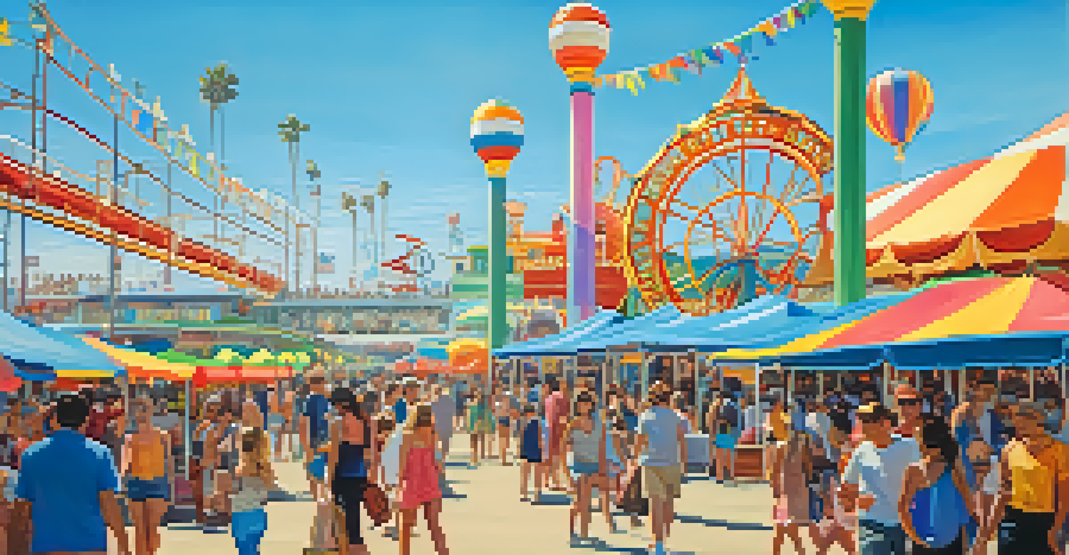 A vibrant festival scene at Santa Monica Pier with art installations and performers, under a clear blue sky.