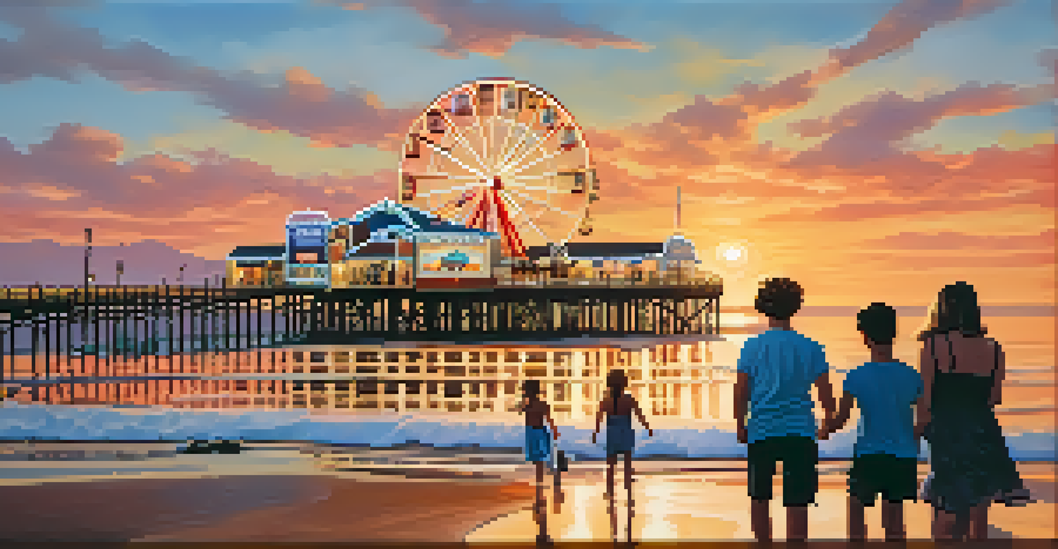 A mural of the Santa Monica Pier with families, a sunset, and a Ferris wheel, reflecting joyful beach memories.