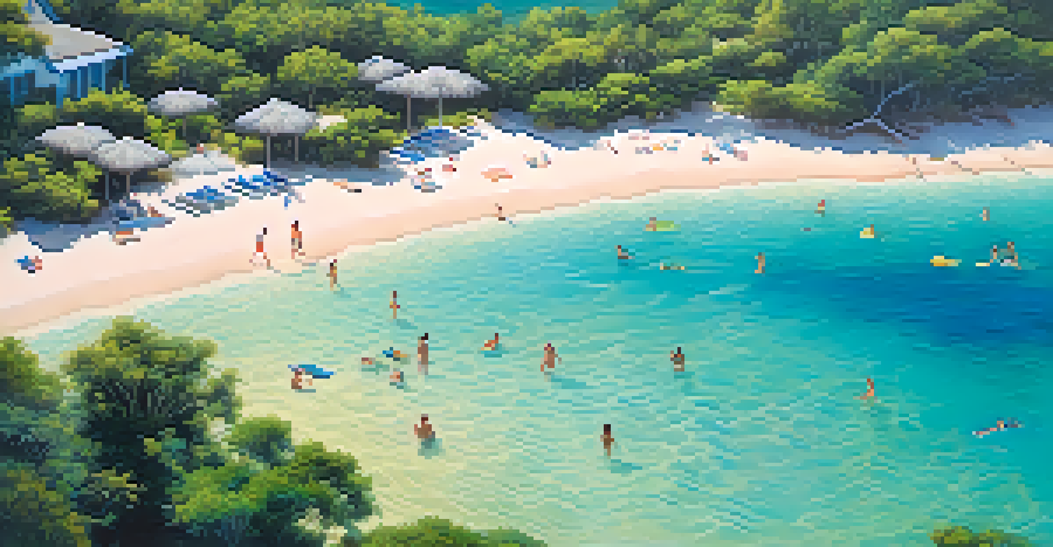 An aerial view of a beautiful beach with turquoise water and lush greenery, showing people enjoying the sun.