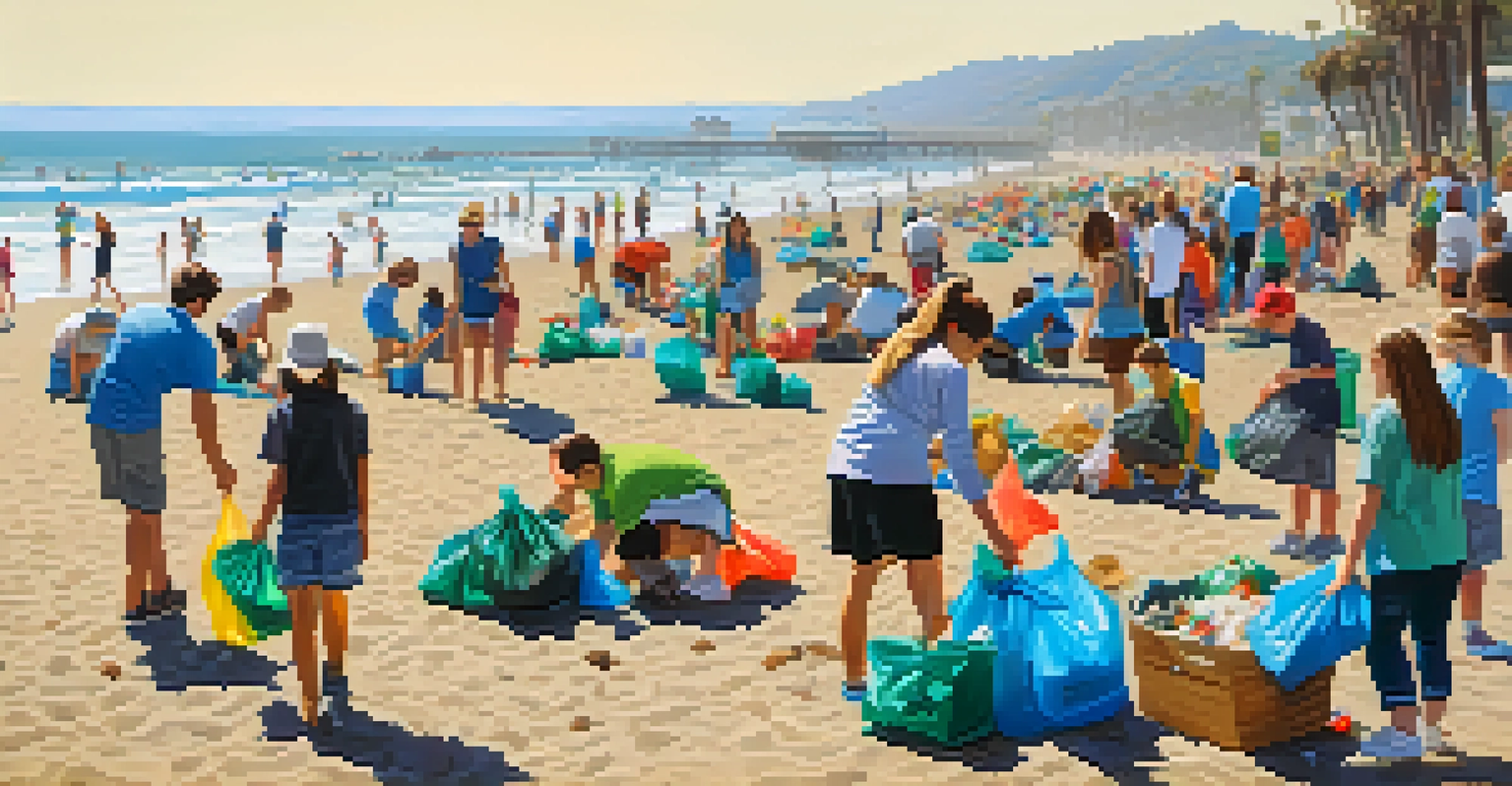 Volunteers of various ages participating in a beach clean-up on Santa Monica beach, collecting trash with the sparkling ocean in the background.