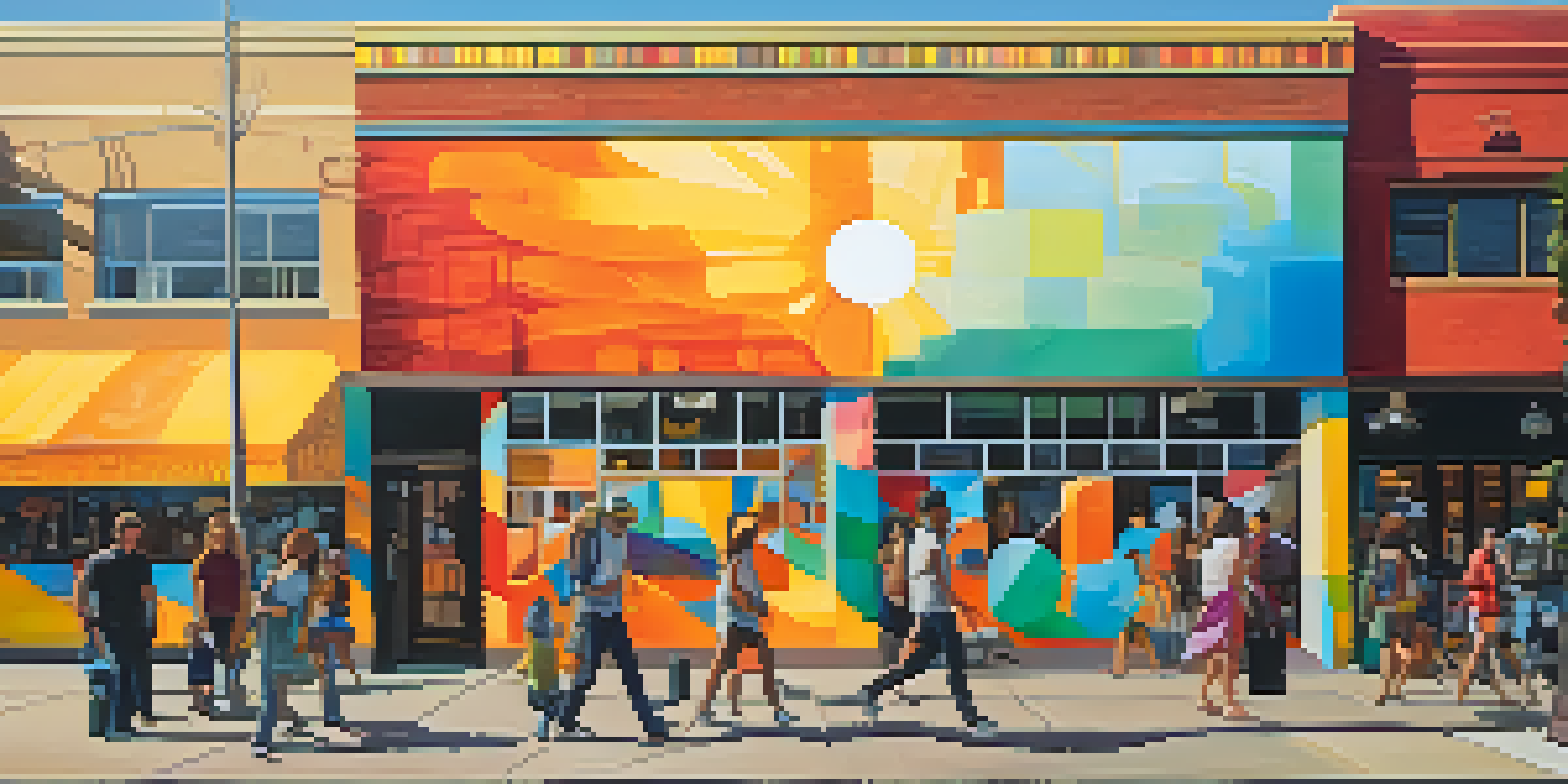 A lively street scene in Santa Monica with a colorful abstract mural and people walking by, illuminated by the warm sunset light.