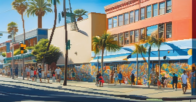 A colorful mural showcasing local wildlife and cultural elements in Santa Monica, illuminated by sunlight.