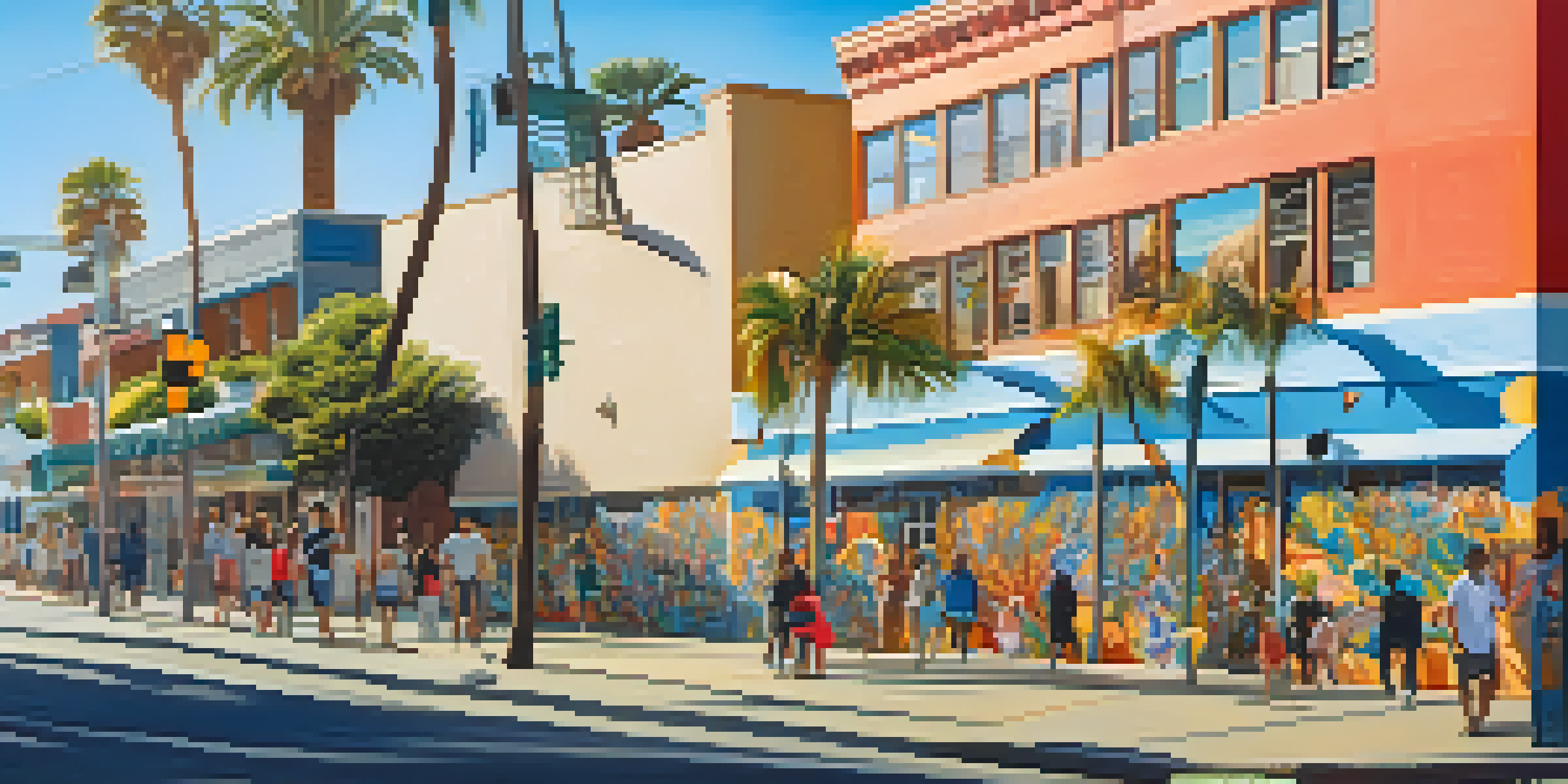 A colorful mural showcasing local wildlife and cultural elements in Santa Monica, illuminated by sunlight.
