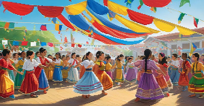 A lively cultural exchange festival at a school with students in colorful costumes dancing and celebrating, surrounded by decorations from various cultures.