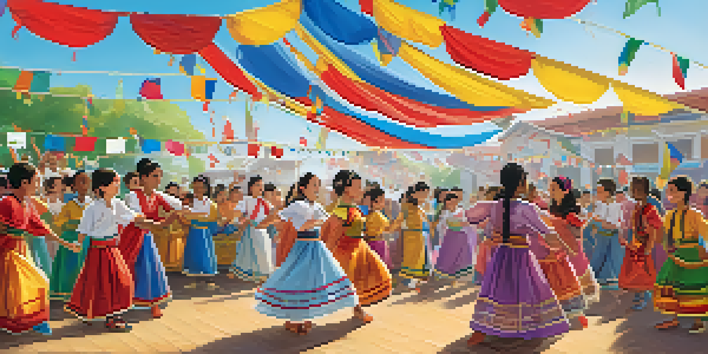 A lively cultural exchange festival at a school with students in colorful costumes dancing and celebrating, surrounded by decorations from various cultures.