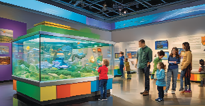 A family exploring a colorful interactive science exhibit at a museum, engaging in hands-on activities.