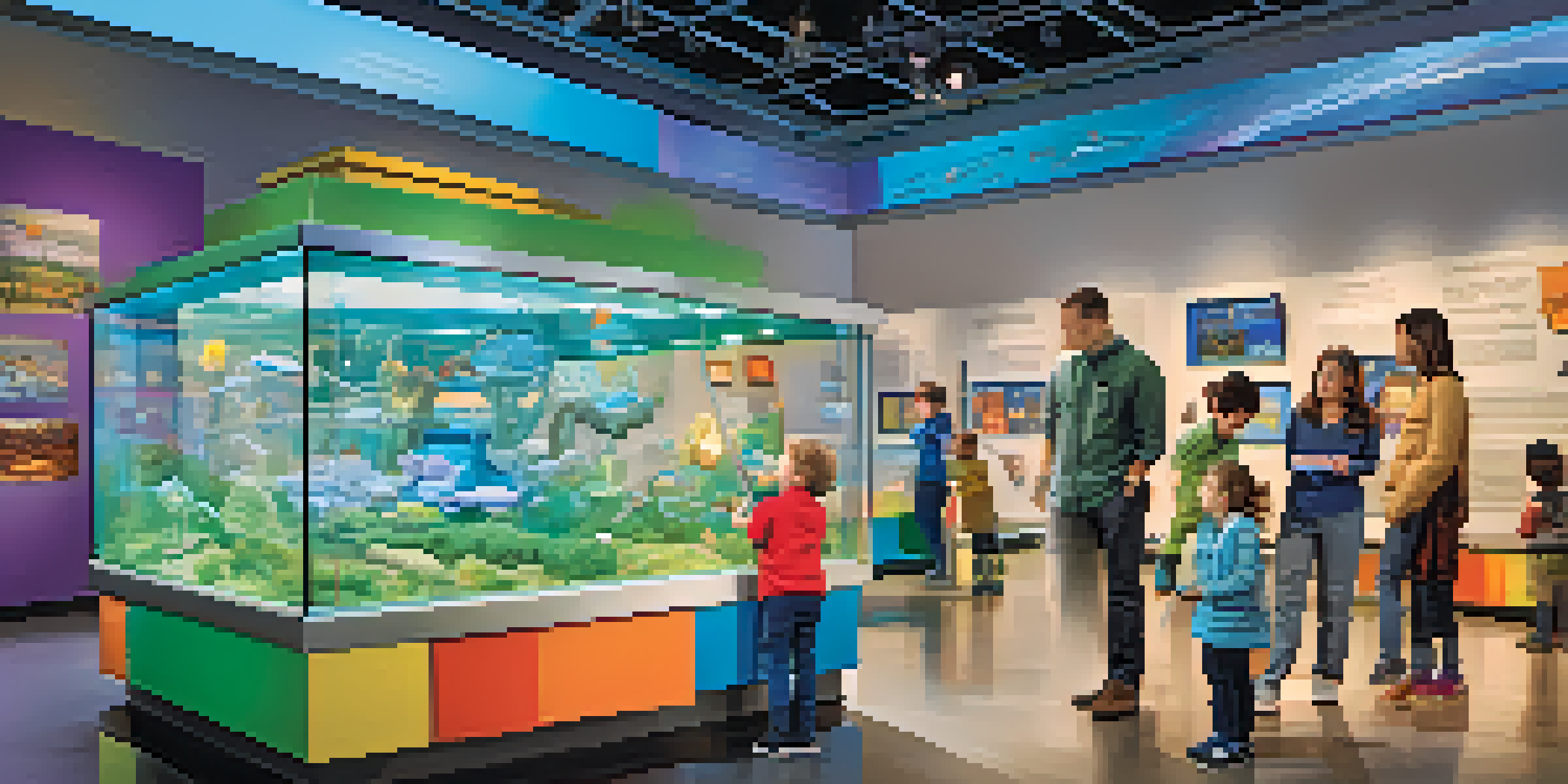 A family exploring a colorful interactive science exhibit at a museum, engaging in hands-on activities.