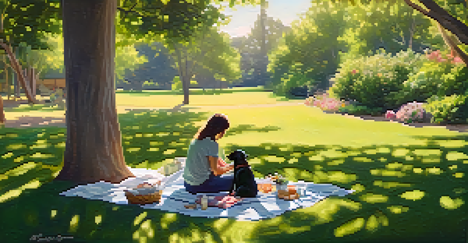A tranquil park scene with a person and a dog sitting on a picnic blanket under trees.