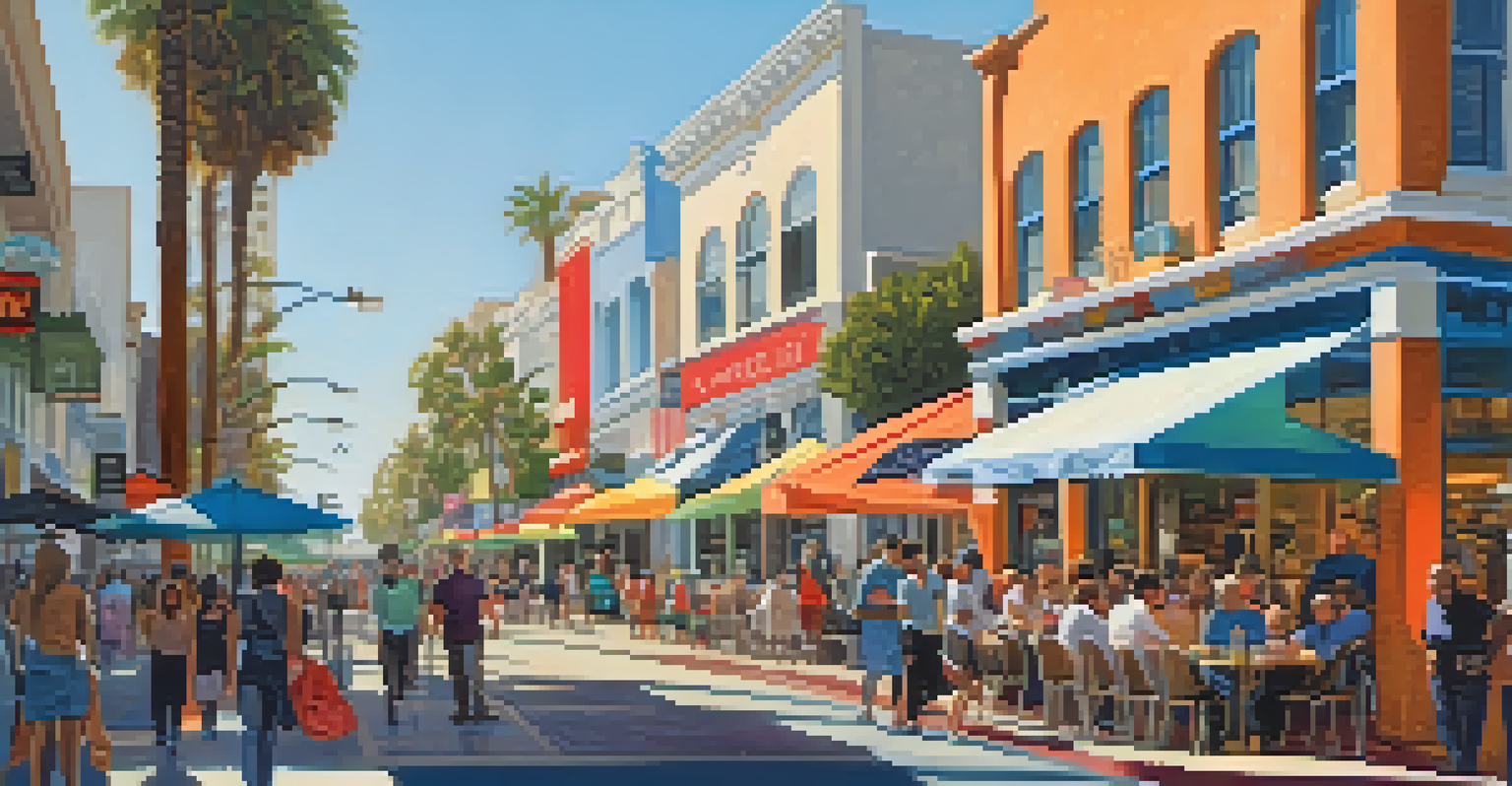 A street scene in Santa Monica's business district with people dining and shopping.