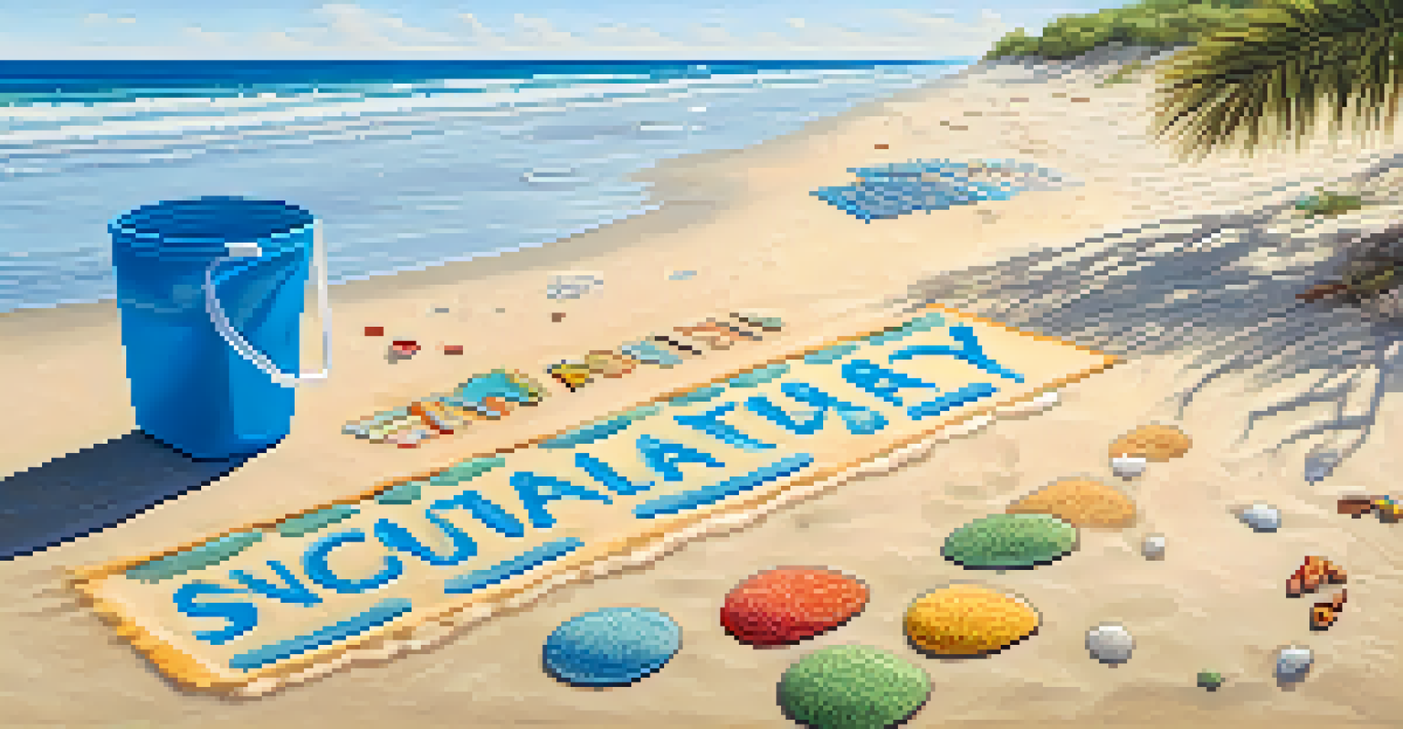 A close-up view of a clean beach with clear water and sandy shore, featuring reusable items and a sustainability sign.