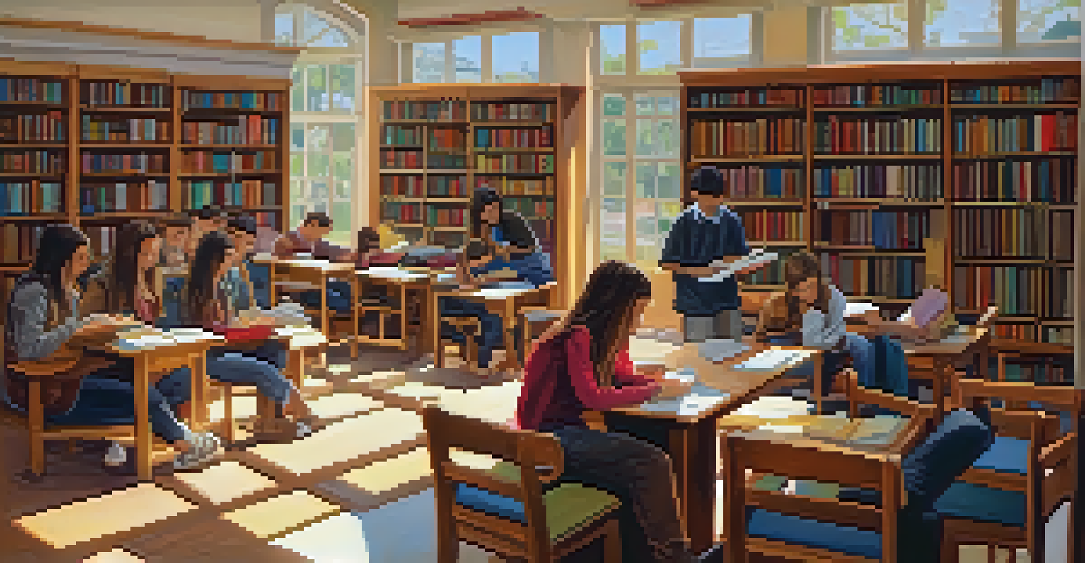 Students engaged in reading and studying in a cozy school library filled with books and warm lighting.