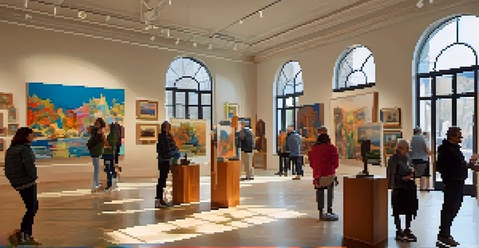 A lively art gallery with diverse artworks, visitors interacting with art under warm natural light.