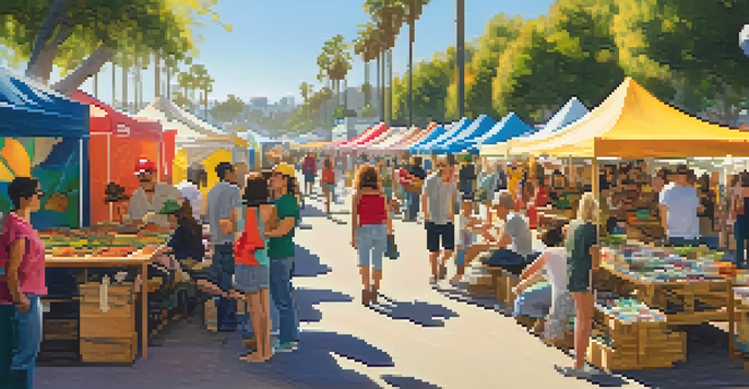 A lively festival scene in Santa Monica with colorful tents, artisans showcasing crafts, families enjoying food, and children playing.