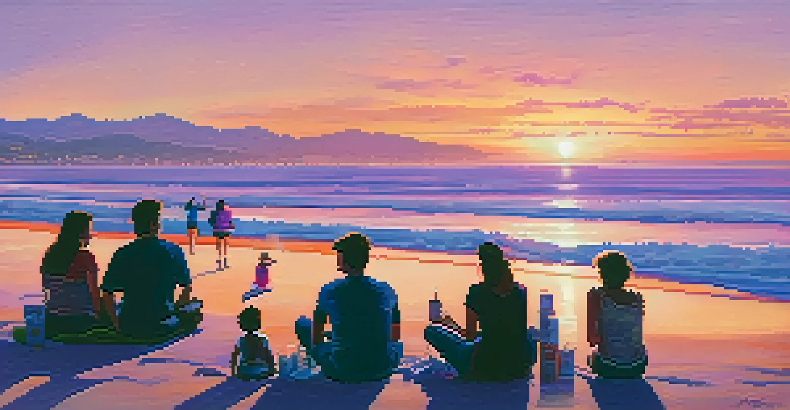 A beautiful sunset at Santa Monica Beach with families enjoying ice cream and a colorful sky.