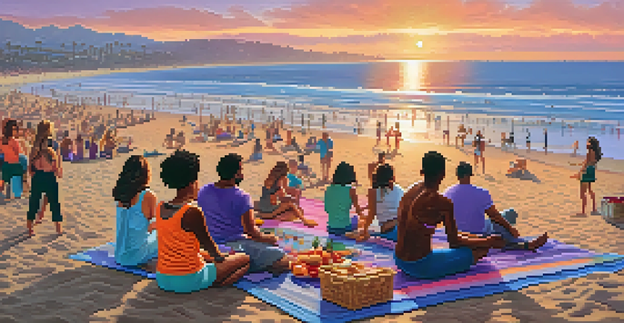 A colorful sunset at Santa Monica Beach with groups of people practicing yoga, playing volleyball, and having a picnic, surrounded by a vibrant sky.