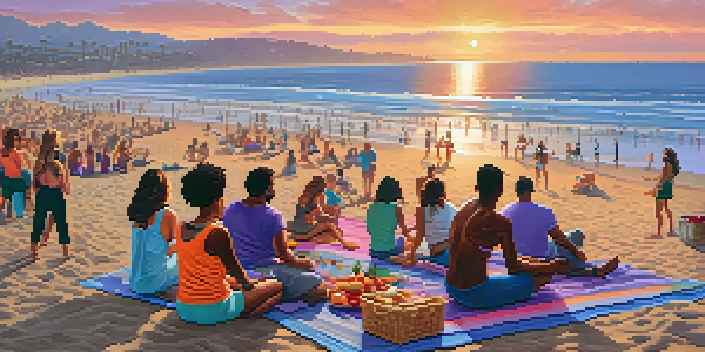 A colorful sunset at Santa Monica Beach with groups of people practicing yoga, playing volleyball, and having a picnic, surrounded by a vibrant sky.