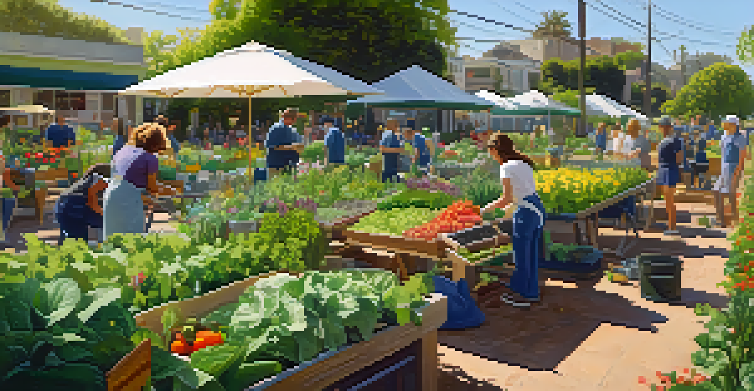 A community garden in Santa Monica with volunteers tending to plants and flowers.