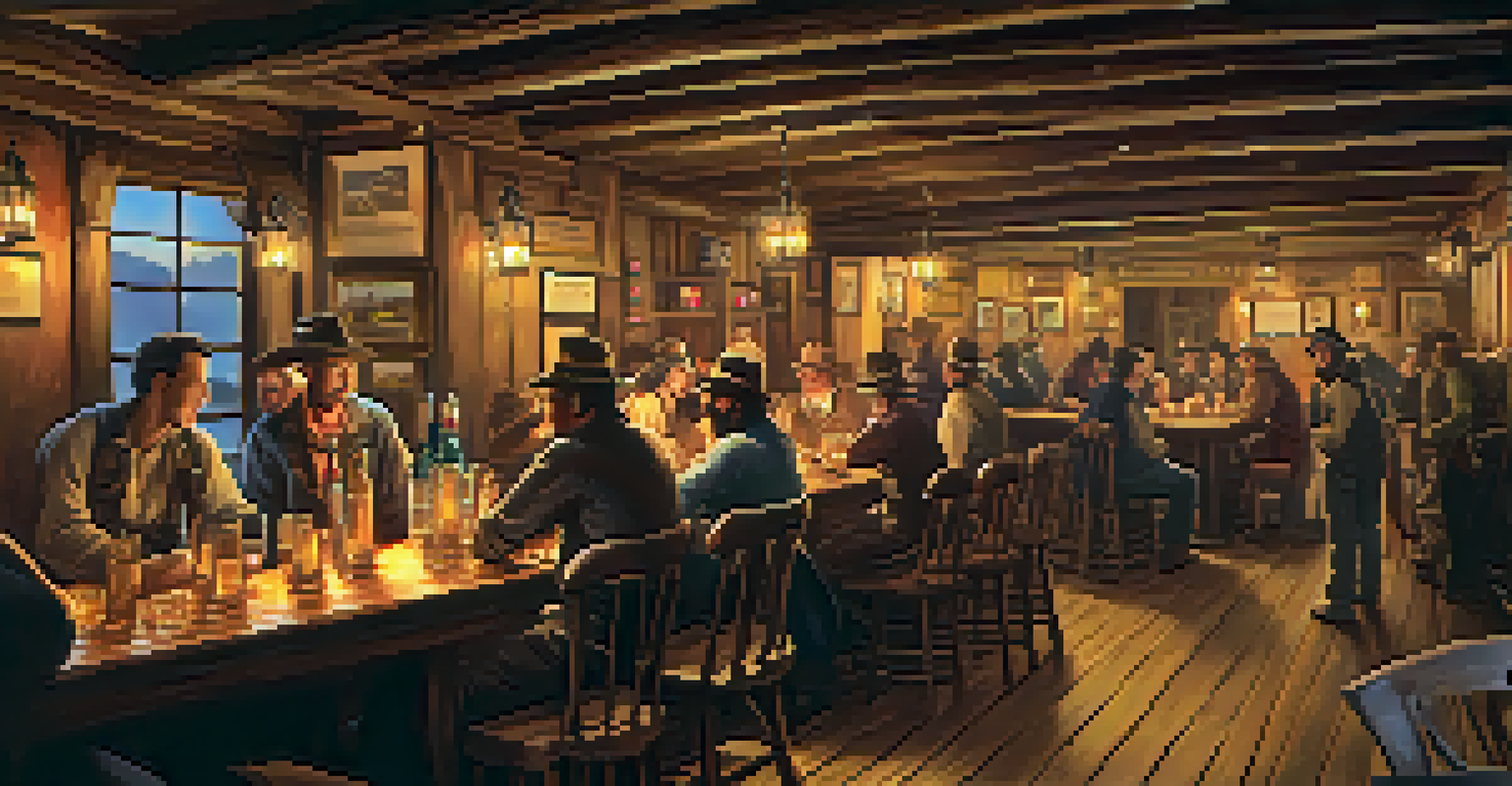 A cozy tavern interior during the Gold Rush, showcasing miners enjoying drinks and sharing stories in a warm, inviting atmosphere.