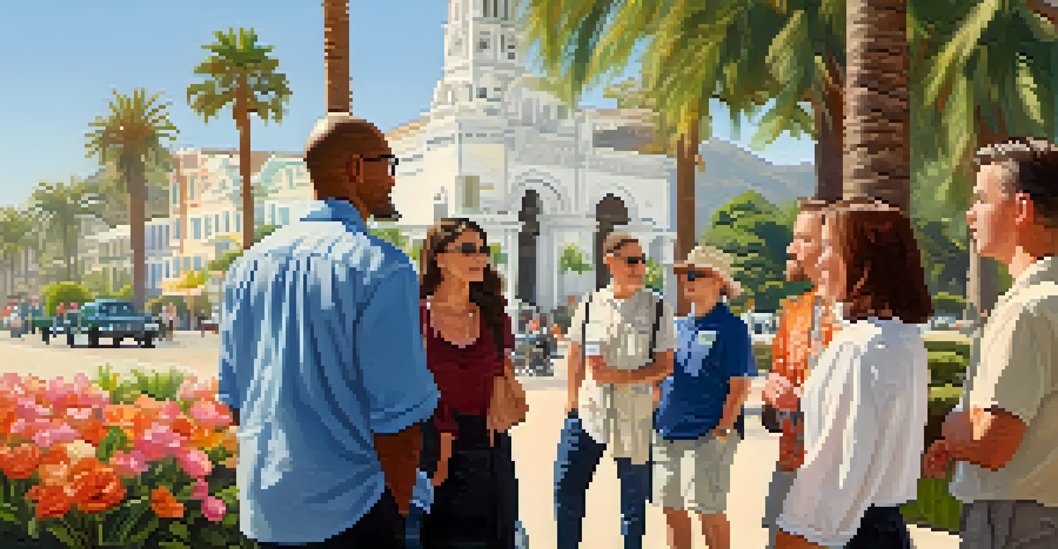 A diverse group of tourists on a history tour in Santa Monica, with a guide in front of a historic building.