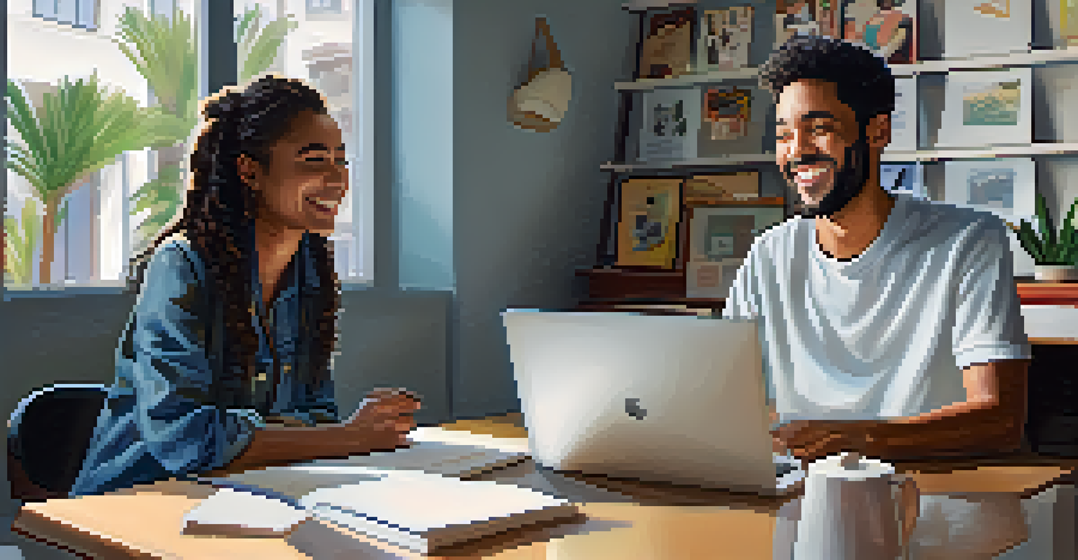 A split-screen of two individuals engaged in a language exchange via video call, highlighting a modern and friendly learning atmosphere.