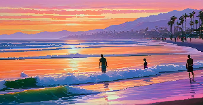 A beautiful sunset over Santa Monica beach, with colorful sky reflections and silhouettes of palm trees.