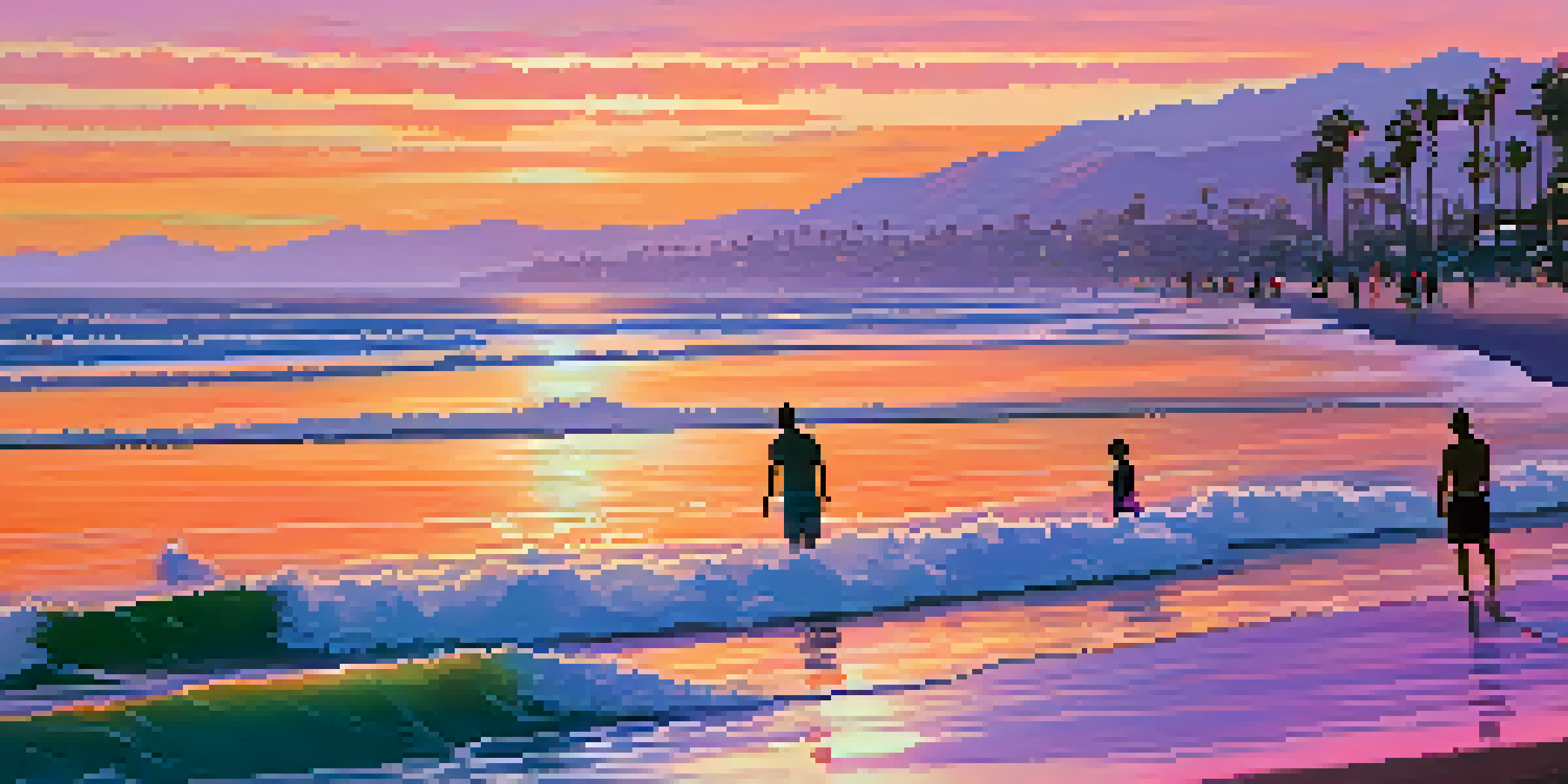 A beautiful sunset over Santa Monica beach, with colorful sky reflections and silhouettes of palm trees.