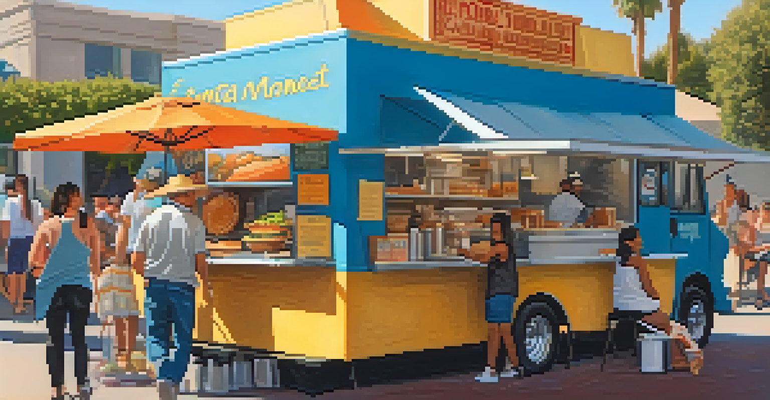 A food truck at the Santa Monica Farmers Market serving gourmet tacos and pastries, with shoppers enjoying their meals.