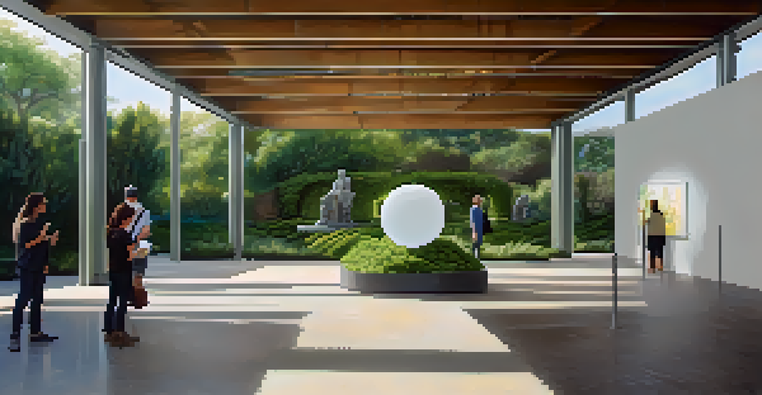 Visitors enjoying a contemporary sculpture installation at Bergamot Station, surrounded by greenery and softly lit by afternoon sun.