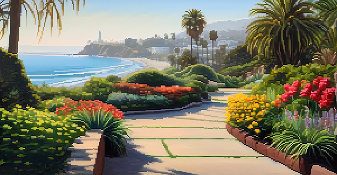 A peaceful view of Palisades Park with green gardens and a path leading to the ocean, illuminated by soft morning light.