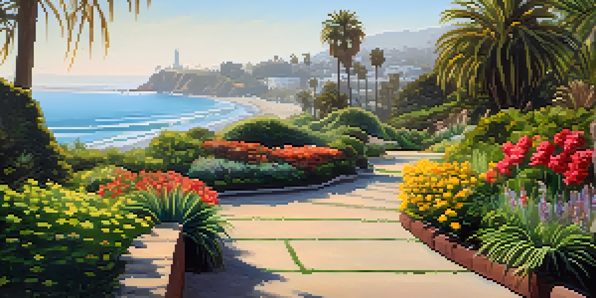 A peaceful view of Palisades Park with green gardens and a path leading to the ocean, illuminated by soft morning light.