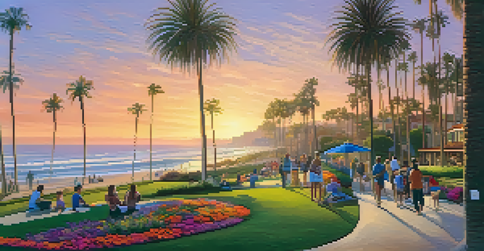 A sunset view of Palisades Park with palm trees, families picnicking, and surfers in the ocean.