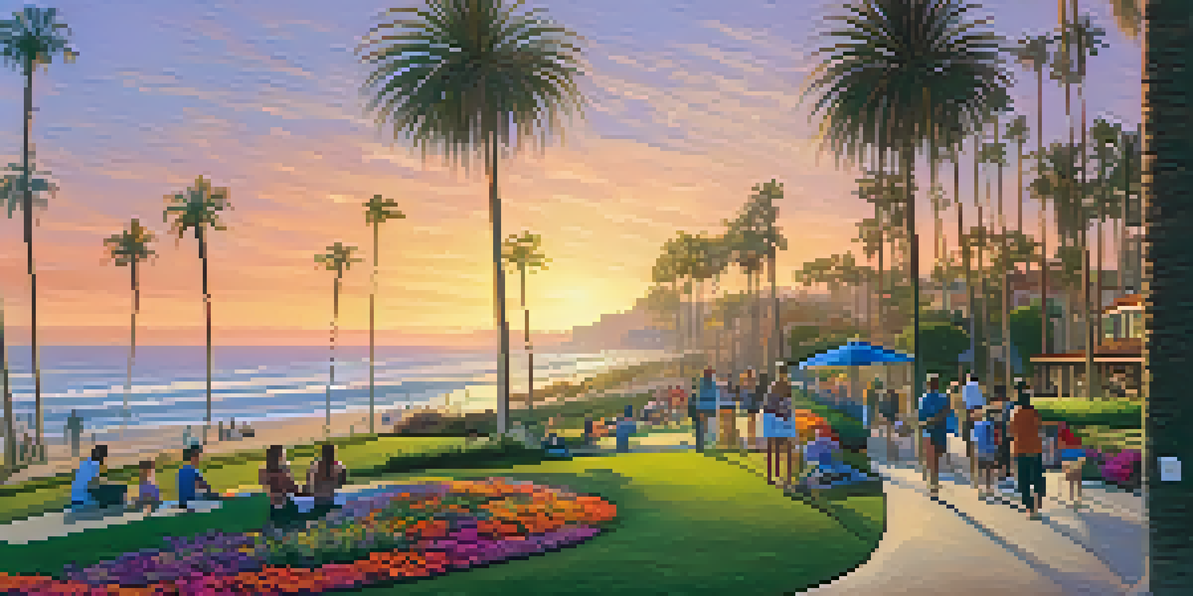 A sunset view of Palisades Park with palm trees, families picnicking, and surfers in the ocean.