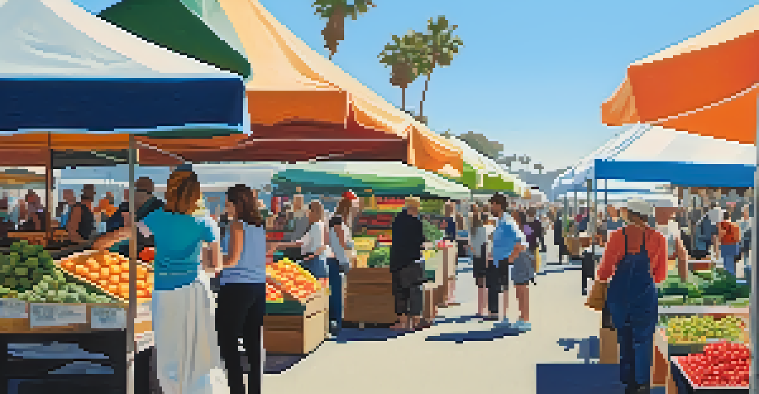 A lively outdoor Farmers Market in Santa Monica with vendors selling fresh produce and artisans displaying their goods.