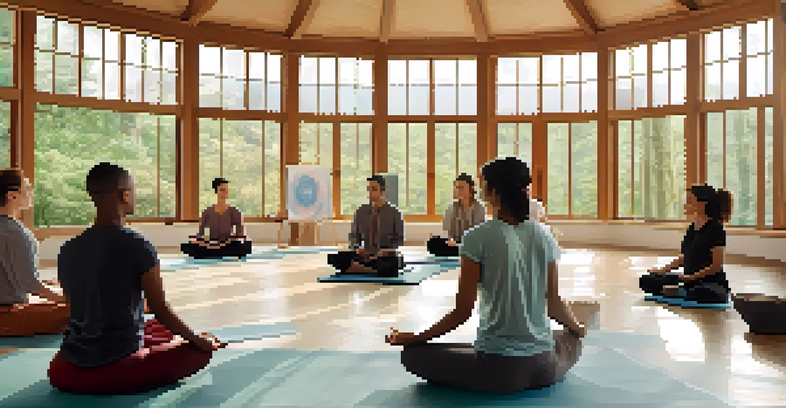 A peaceful indoor meditation workshop with participants sitting in a circle on cushions, illuminated by natural light.