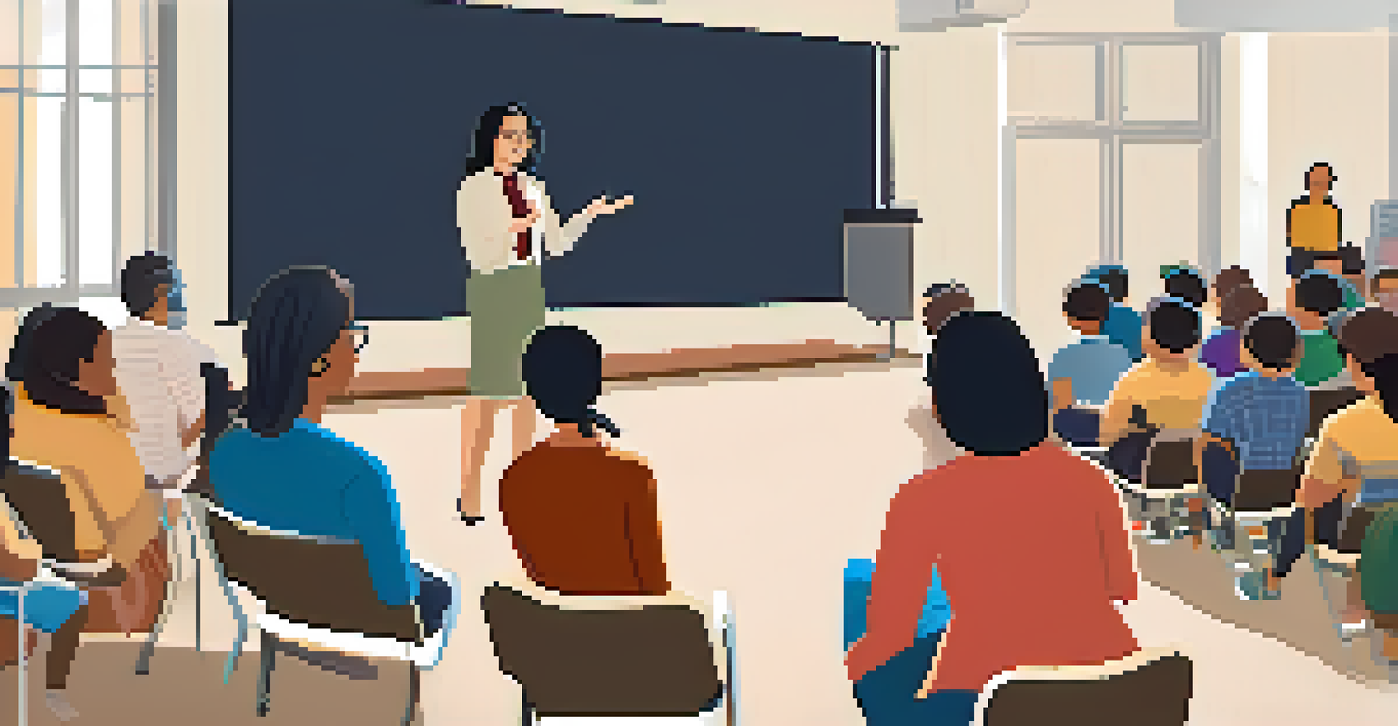 An educator leading a cultural competency workshop in an auditorium, with diverse teachers participating and visual aids displayed.