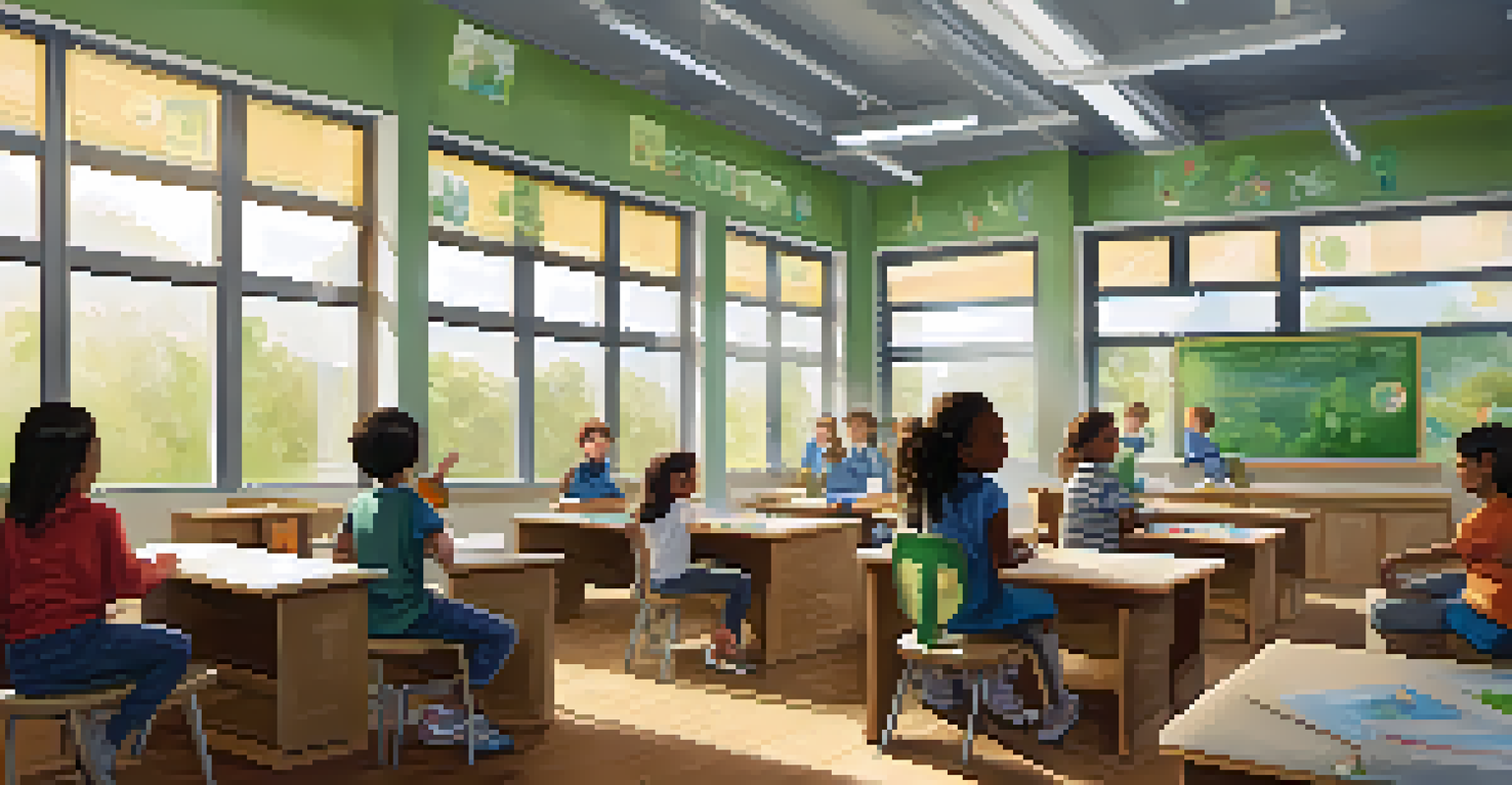 A teacher leading a discussion about environmental sustainability with engaged students in a brightly lit classroom decorated with eco-friendly posters.