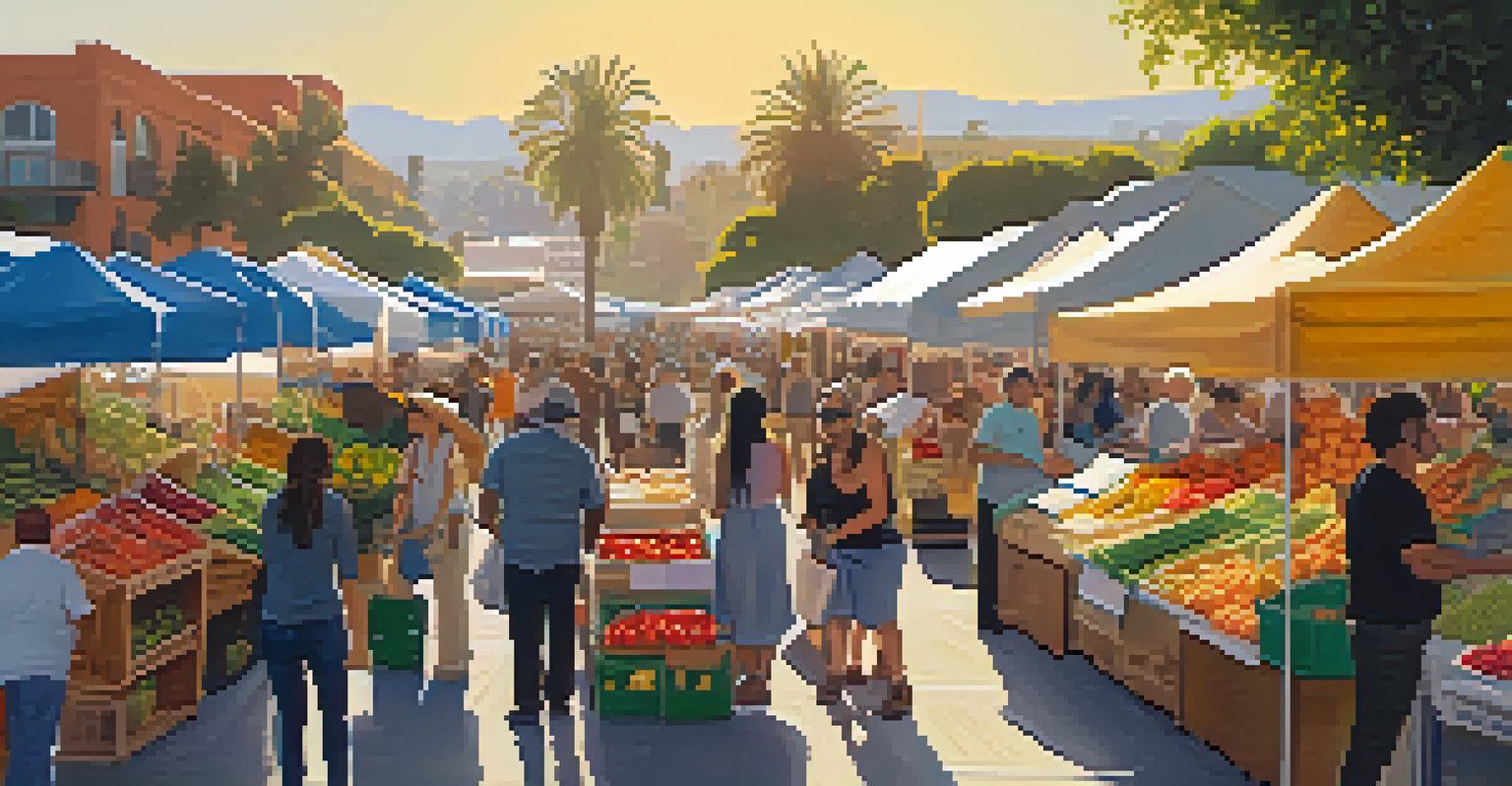 A bustling Santa Monica Farmers Market with stalls of fresh produce and people interacting.