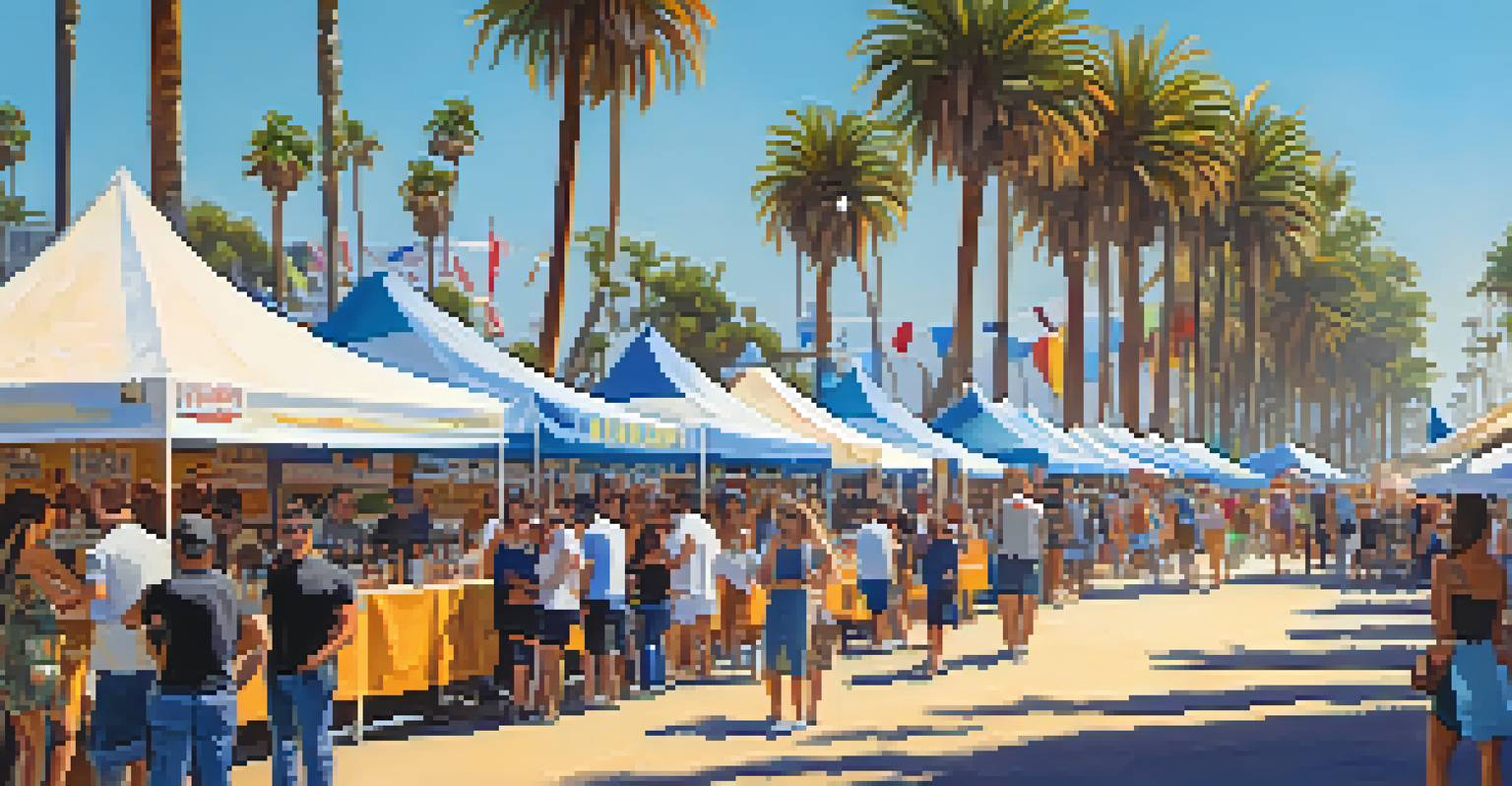 An outdoor craft beer festival in Santa Monica with people sampling local brews, food trucks, and live music under a clear blue sky.