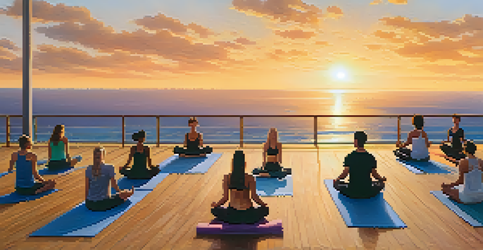 A yoga class on a rooftop with ocean views at sunset, featuring practitioners in various poses.