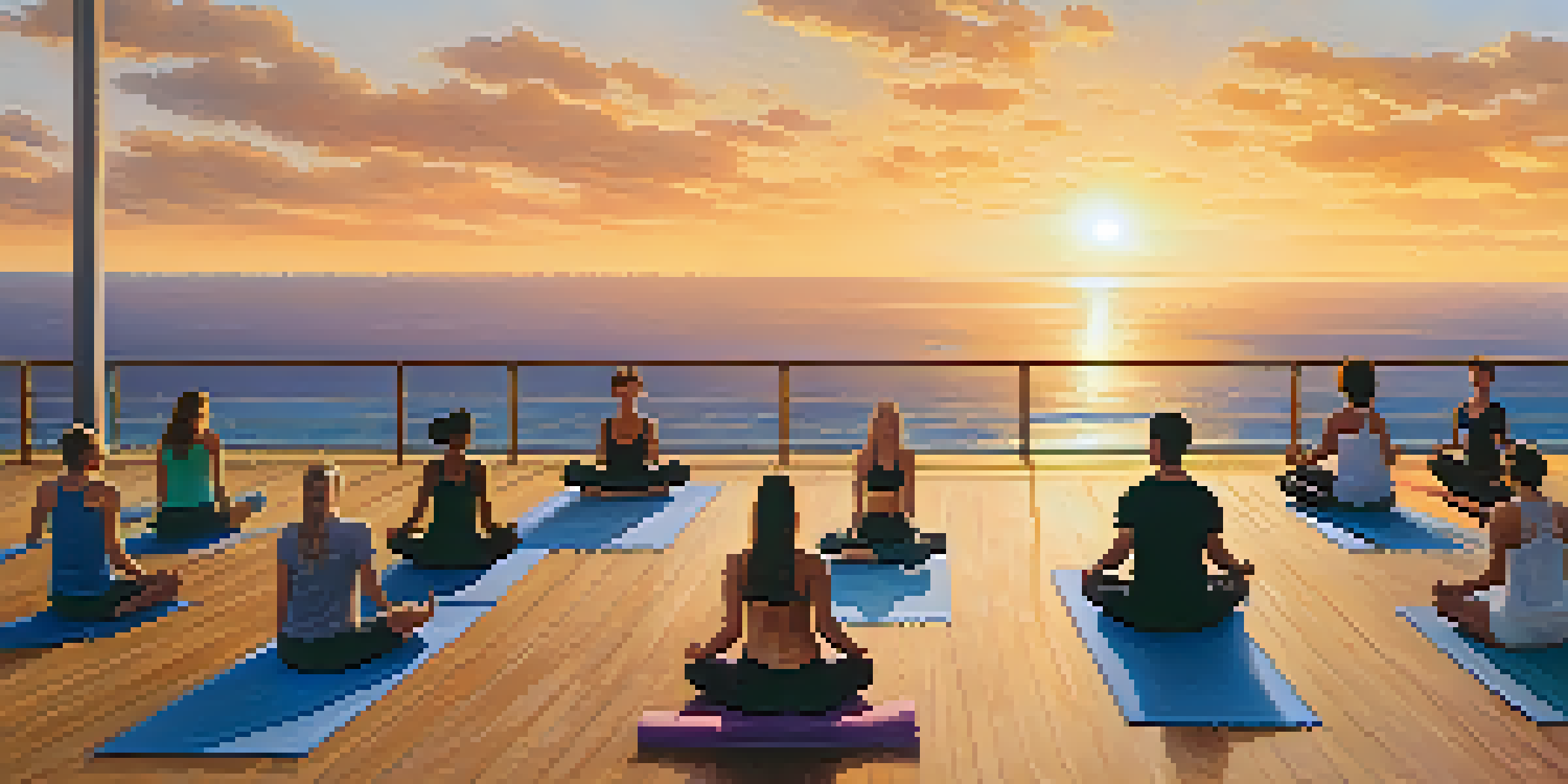 A yoga class on a rooftop with ocean views at sunset, featuring practitioners in various poses.