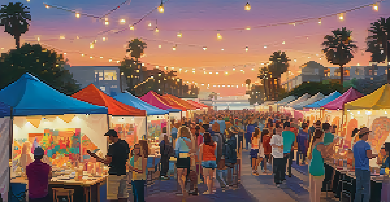 A colorful arts festival in Santa Monica, showcasing local artists and crafts with joyful attendees and warm sunset lighting.