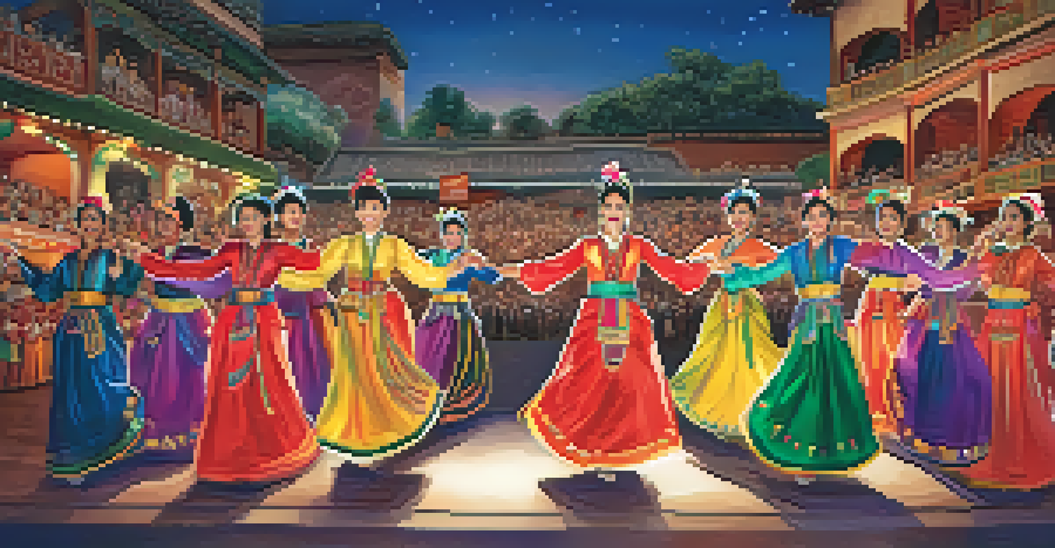 A vibrant stage performance with dancers in traditional costumes, surrounded by an engaged audience at a cultural heritage festival.