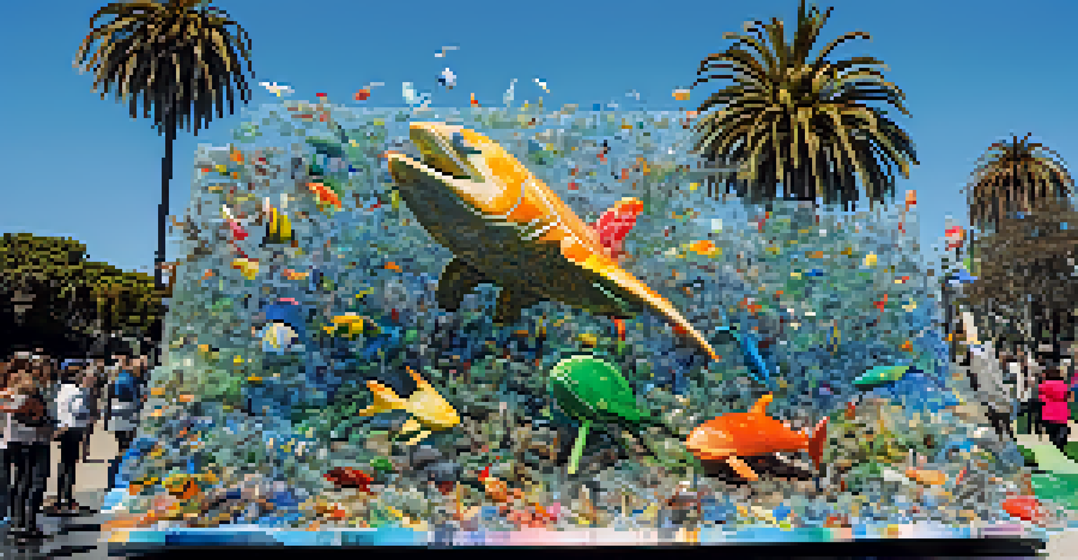 A colorful art installation made from recycled plastic waste in a Santa Monica park.