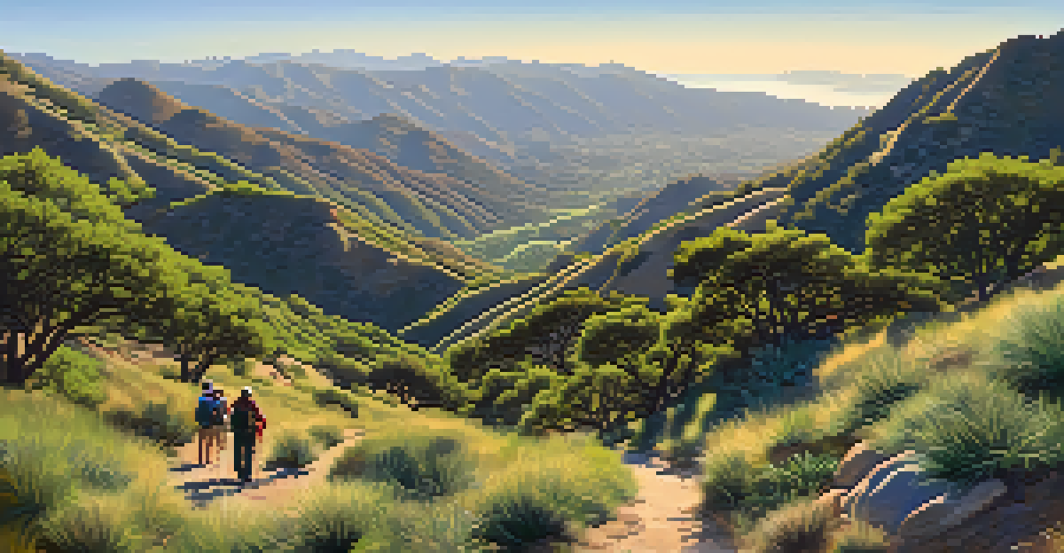 A scenic view of the Santa Monica Mountains with hikers on a sunny day.