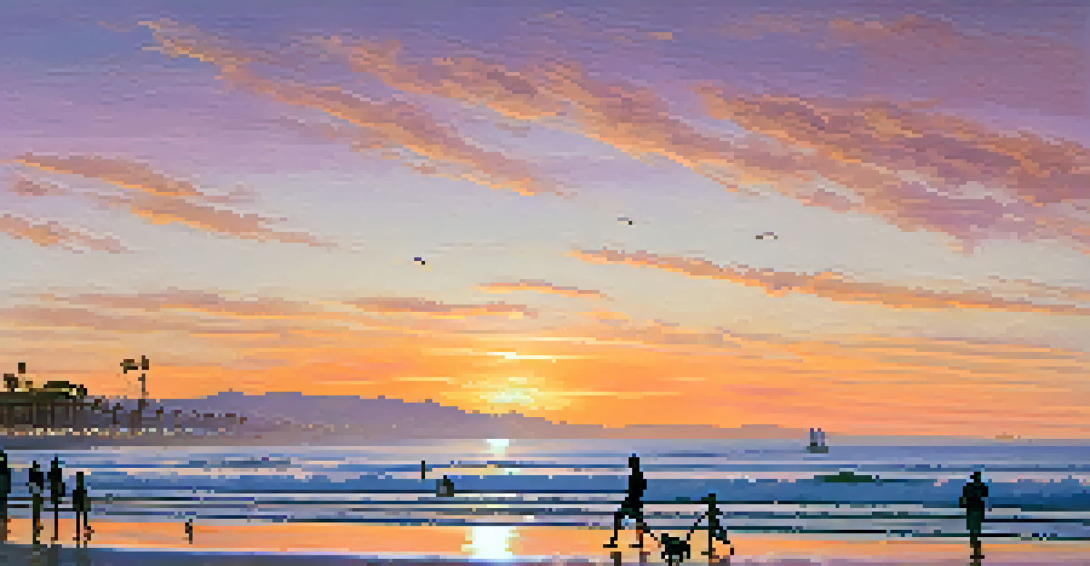 A panoramic view of Santa Monica beach at sunset, with golden sands and colorful skies.