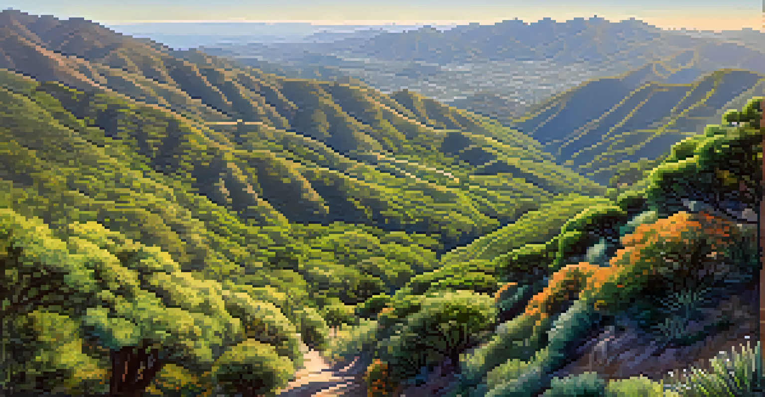 Aerial view of the Santa Monica Mountains with hikers and lush vegetation under bright sunlight.