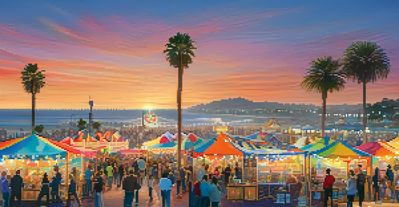 A colorful local festival in Santa Monica with stalls, food vendors, and live music.