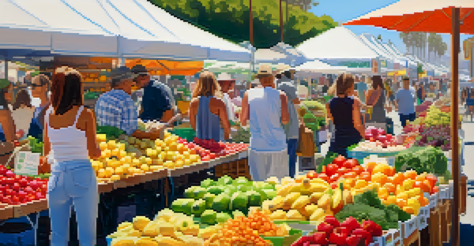 A lively farmers market in Santa Monica with colorful stalls of fresh produce and happy shoppers enjoying the day.