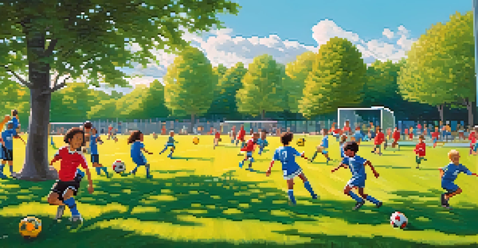 A diverse group of children playing soccer on a sunny day in a vibrant green field.